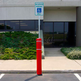 52"H FlexBollard with 8'H Sign Post - Concrete Installation - Red Cover/White Tapes