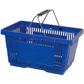Blue Plastic Shopping Basket 28 Liter w/ Plastic Grips Wire Handle, Pack Qty of 12