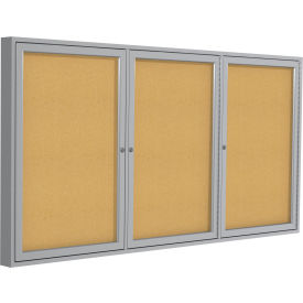 Enclosed Bulletin Board, 3 Door, 72"W x 36"H, Natural Cork/Silver Frame