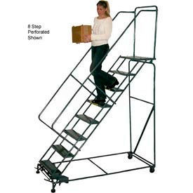 7 Step 24"W Steel Safety Angle Rolling Ladder with Handrails - Perforated Tread