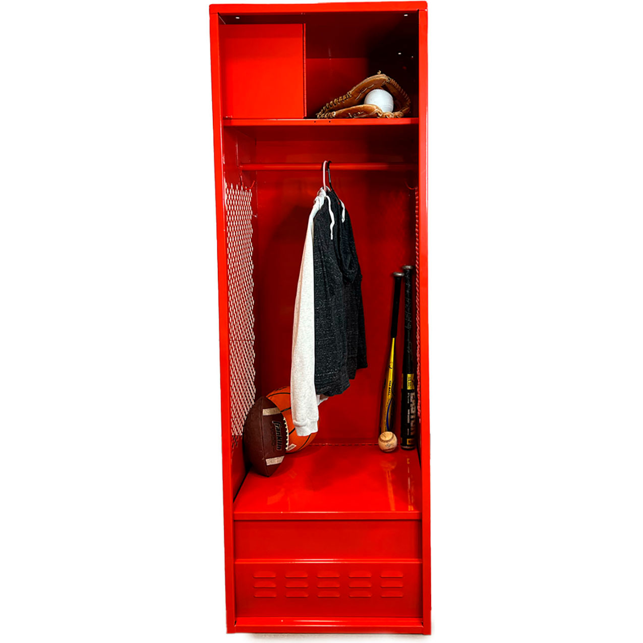 Open Gear Locker with Top Compartment & Foot Locker, 24"W x 18"D x 72"H, Red