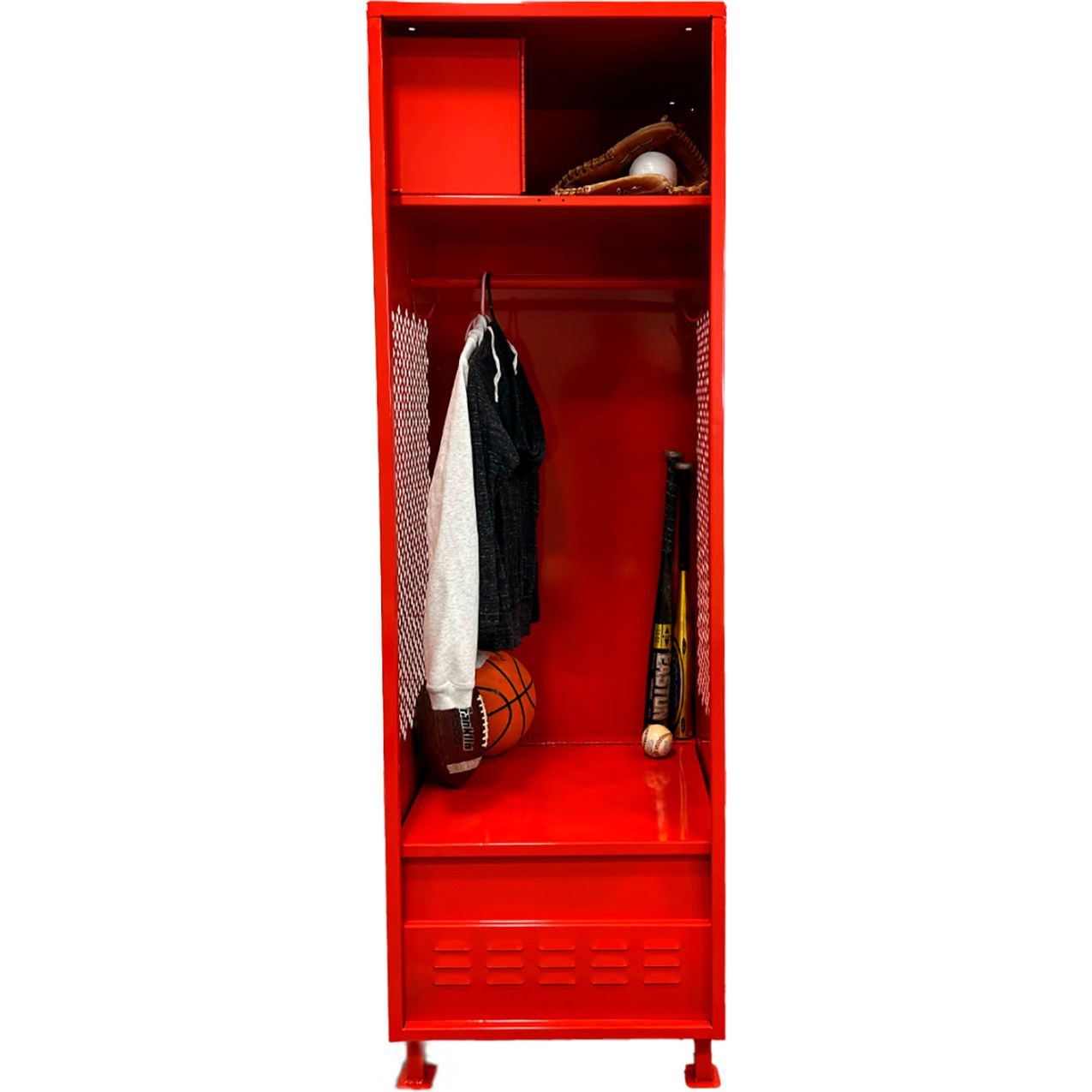 Open Gear Locker with Top Compartment, Foot Locker & Legs, 24"W x 18"D x 76"H, Red