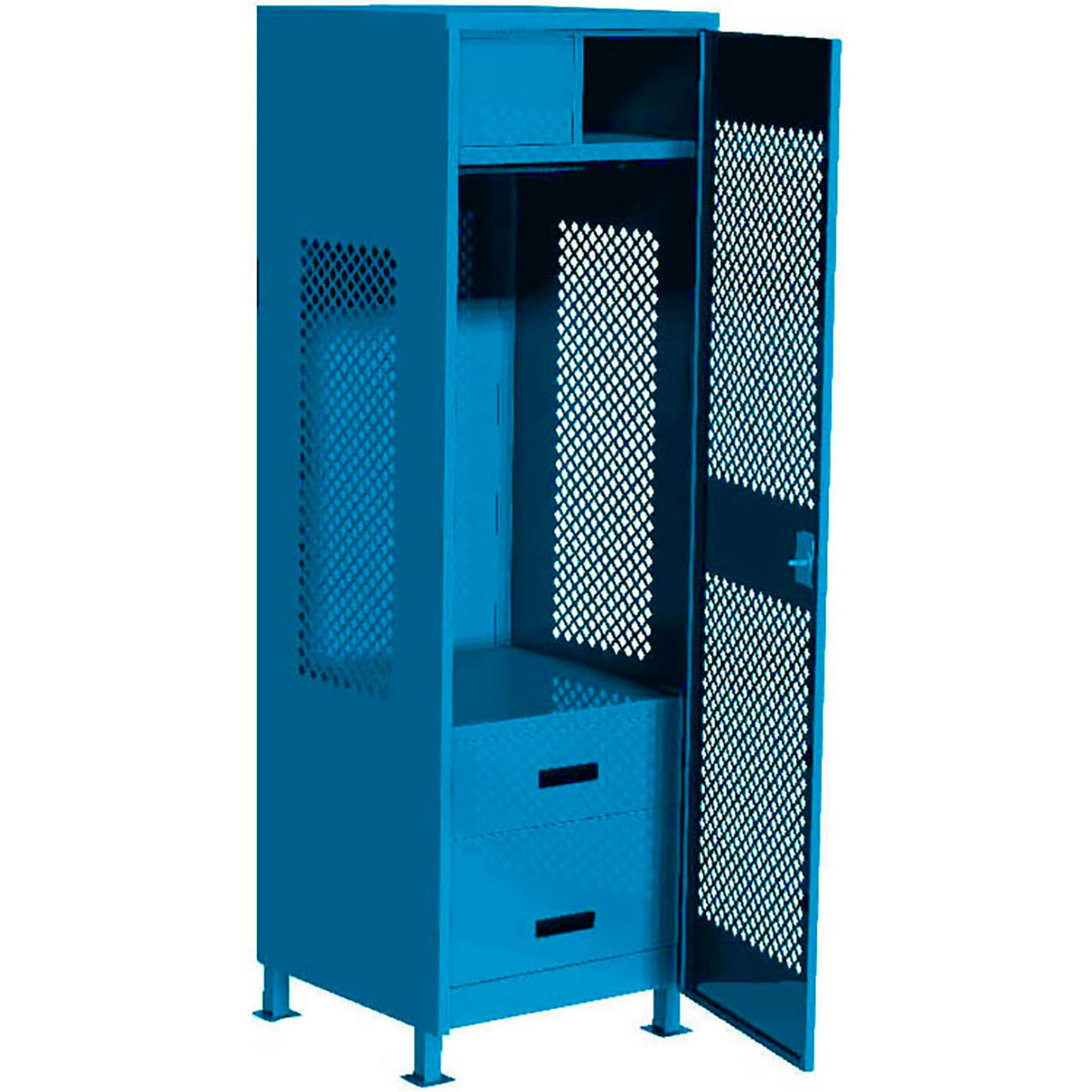 1 Door Security Gear Locker w/ 2 Drawers, Top Compt & Legs, 24"Wx18"Dx76"H, Lt Blue