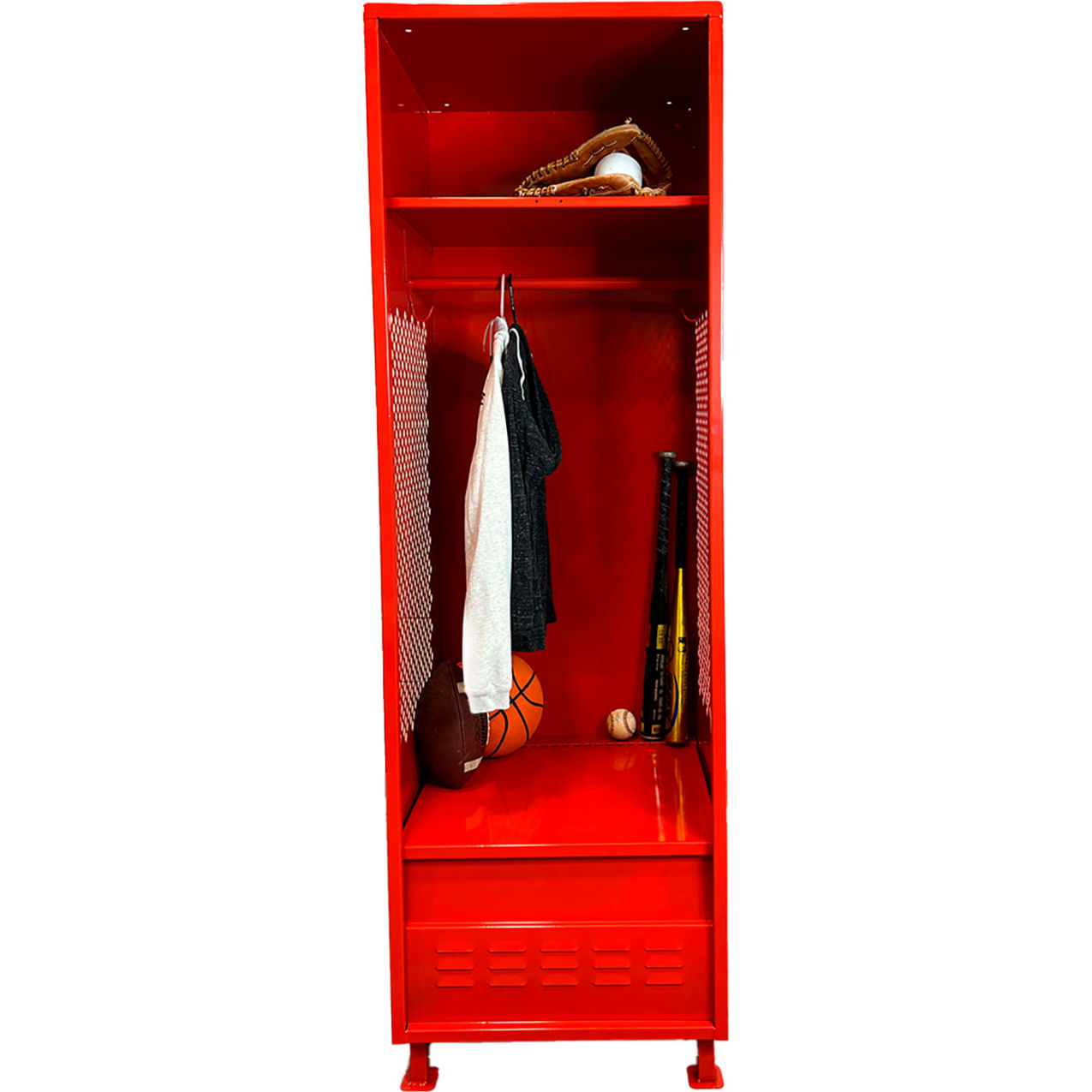Open Gear Locker with Foot Locker & Legs, 24"W x 18"D x 76"H, Red