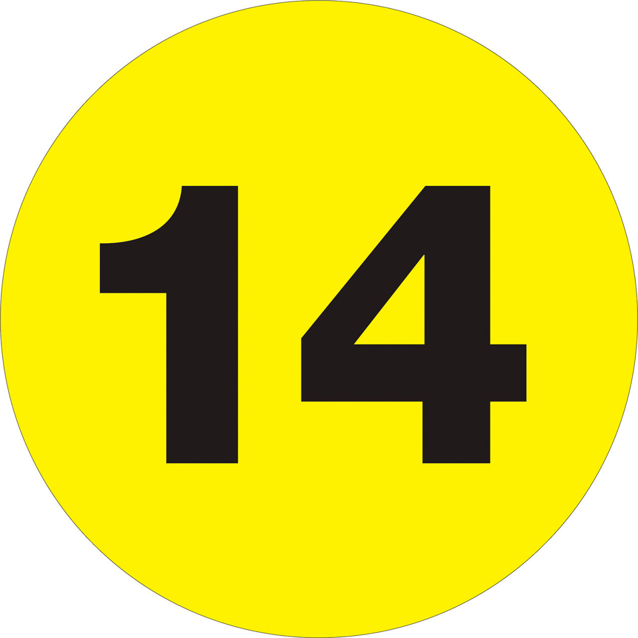 3"Dia. Circle Number Labels with "14" Print, Fluorescent Yellow, Roll of 500