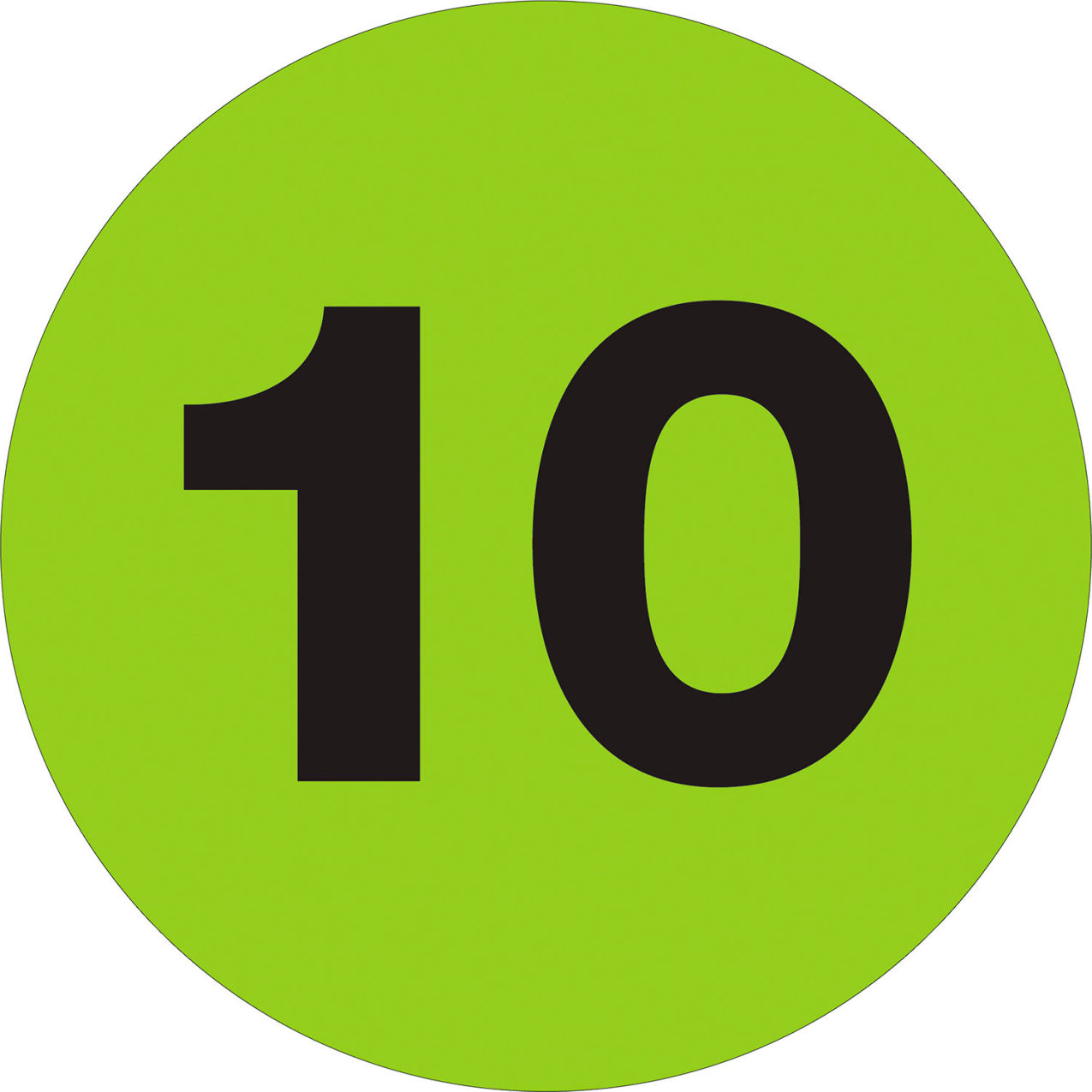 3"Dia. Circle Number Labels with "10" Print, Fluorescent Green, Roll of 500