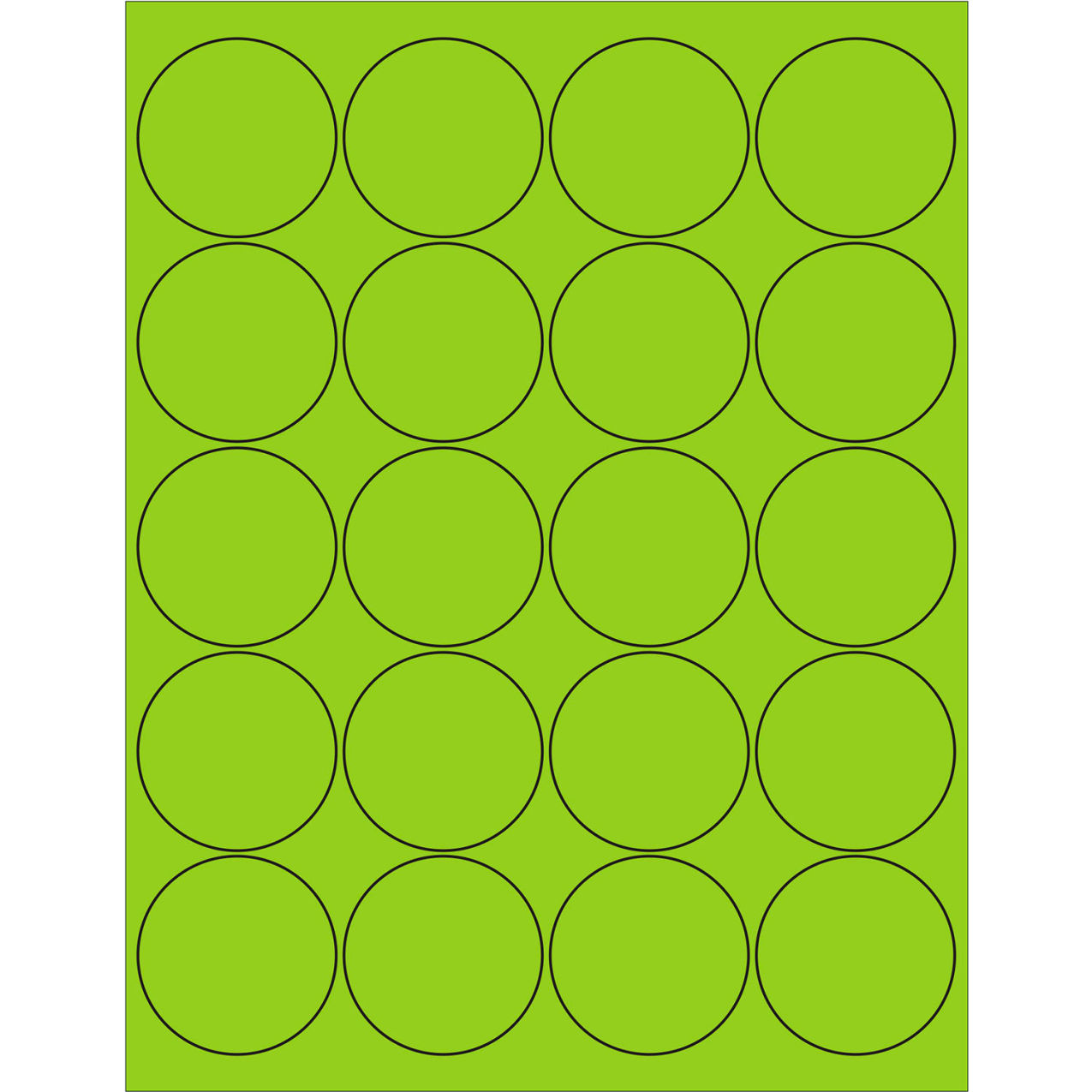 2" Dia. Circle Laser Labels, Fluorescent Green, 20 Labels/Sheet