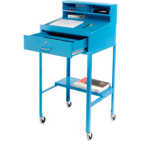 Mobile Shop Desk W/ Pigeonhole Riser, Sloped Surface, 23"W x 20"D, Blue
