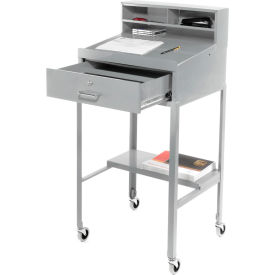 Mobile Shop Desk W/ Pigeonhole Riser, Sloped Surface, 23"W x 20"D, Gray