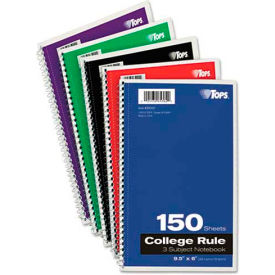Wirebound 3-Subject Notebook, College Rule,9-1/2 x 6, White, 150 Sheets/Pad