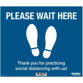 Blue Please Wait Here Floor Sign, 14"W x 12"H, Vinyl Adhesive