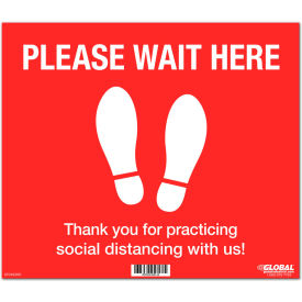 Red Please Wait Here Floor Sign, 14"W x 12"H, Vinyl Adhesive