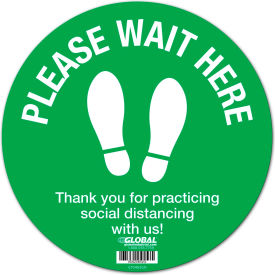 Green Please Wait Here Floor Sign, 12'' Round, Vinyl Adhesive