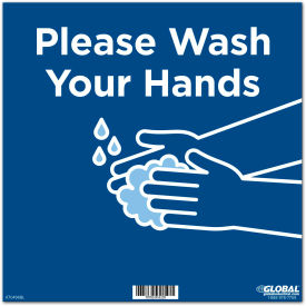 12" Square Please Wash Your Hands Wall Sign, Blue, Adhesive