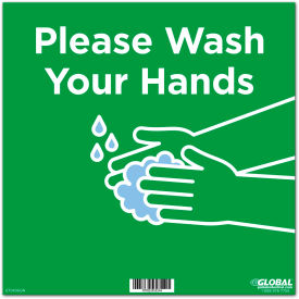 12" Square Please Wash Your Hands Wall Sign, Green, Adhesive