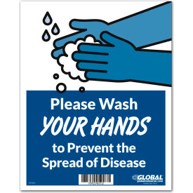 Wash Hands to Prevent Disease Sign, 8"W x 10"H, Wall Adhesive