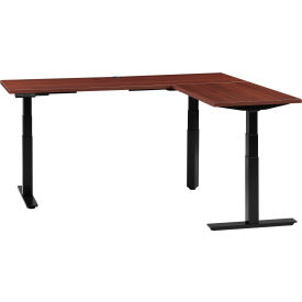 L-Shaped Electric Height Adjustable Desk, 60"W x 24"D, Mahogany With Black Base