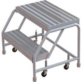 2 Step Aluminum Rolling Ladder, 16"W Ribbed Step, W/O Handrails