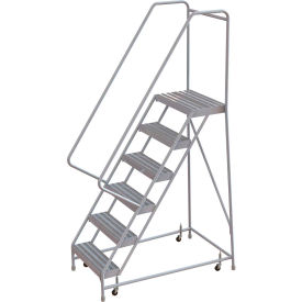 6 Step Aluminum Rolling Ladder, 16"W Ribbed Step, 30" Handrails