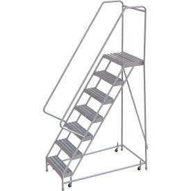 7 Step Aluminum Rolling Ladder, 16"W Ribbed Step, 30" Handrails