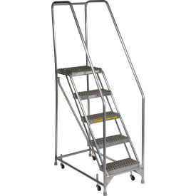5 Step Aluminum Rolling Ladder, 16"W Grip Step, 30" Handrails
