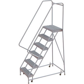 6 Step Aluminum Rolling Ladder, 16"W Grip Step, 30" Handrails