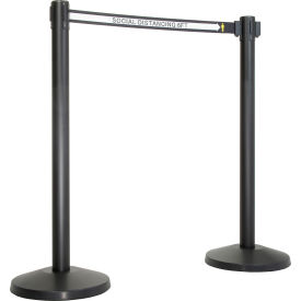 Retractable Belt Barrier, 40" Black Post, 13' Black "Social Distancing 6 Ft" Belt
