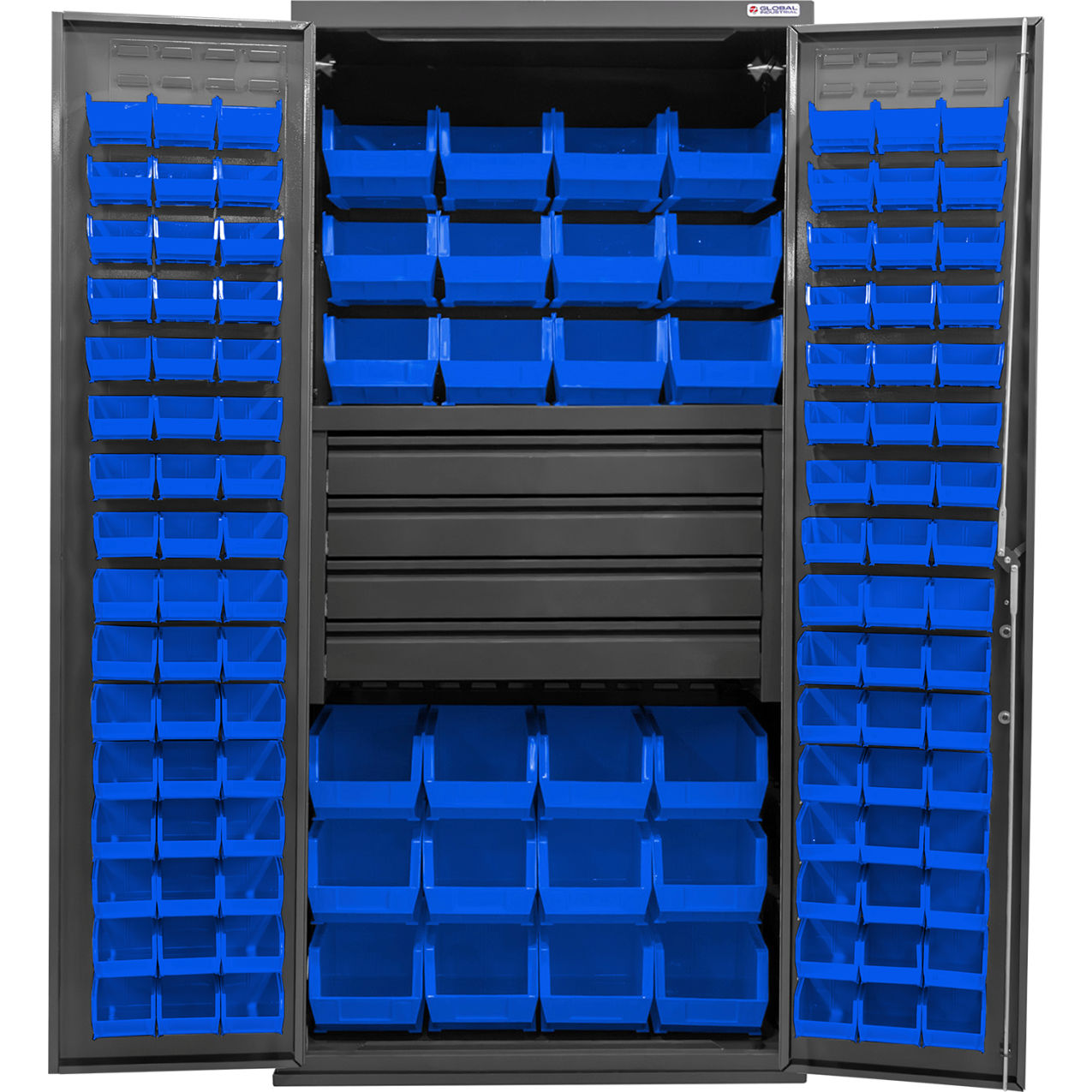 Configurable Drawer Cabinet, 36"W x 24"D x 78"H, 4 Drawers, 120 Blue Bins