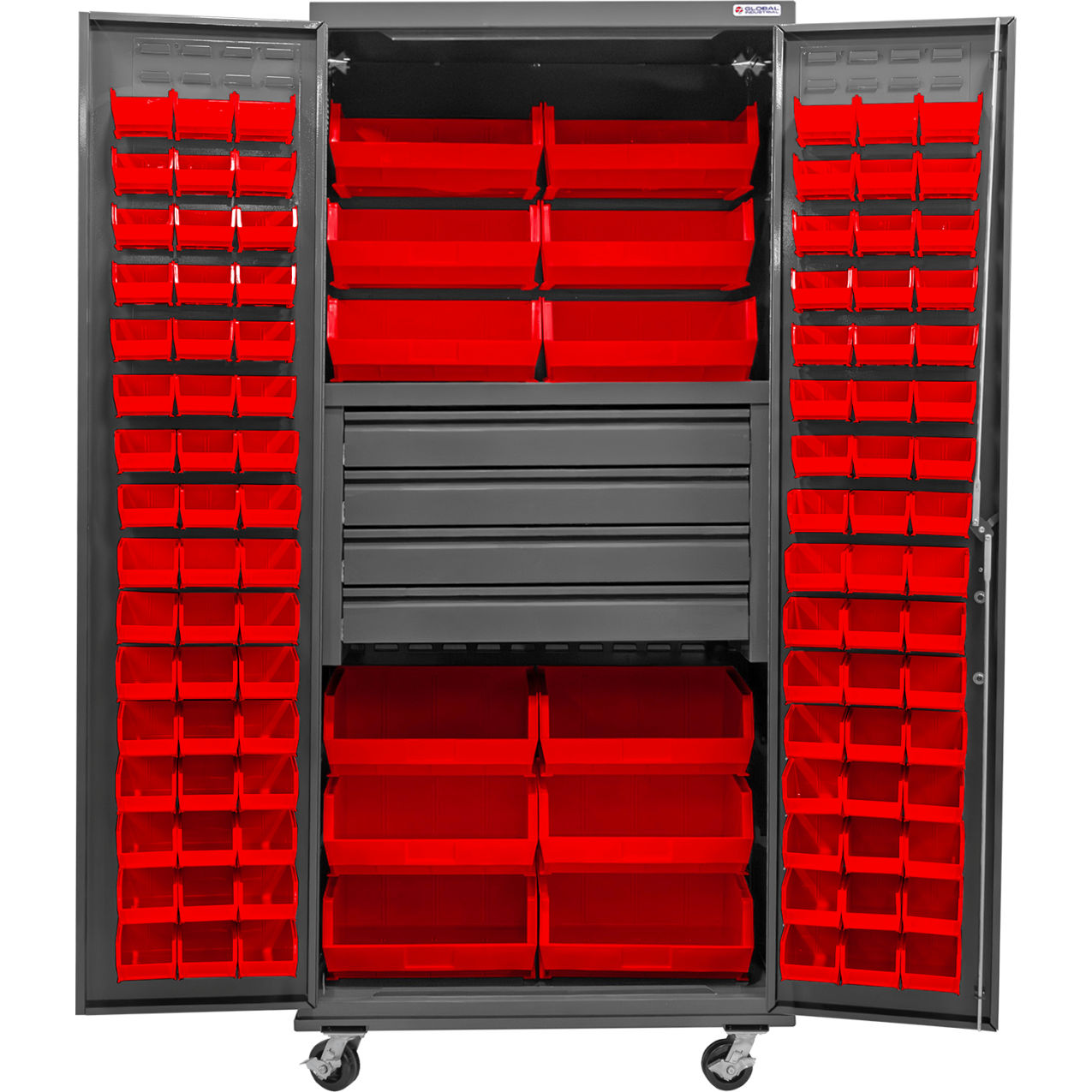 Configurable Mobile Drawer Cabinet, 36"Wx24"Dx85"H, 4 Drawers, 108 Red Bins
