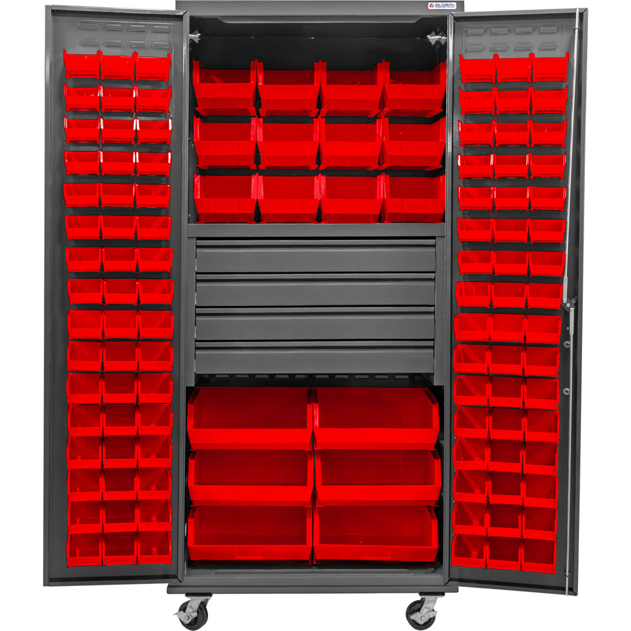 Configurable Mobile Drawer Cabinet, 36"W x 24"D x 85"H, 4 Drawers, 114 Red Bins