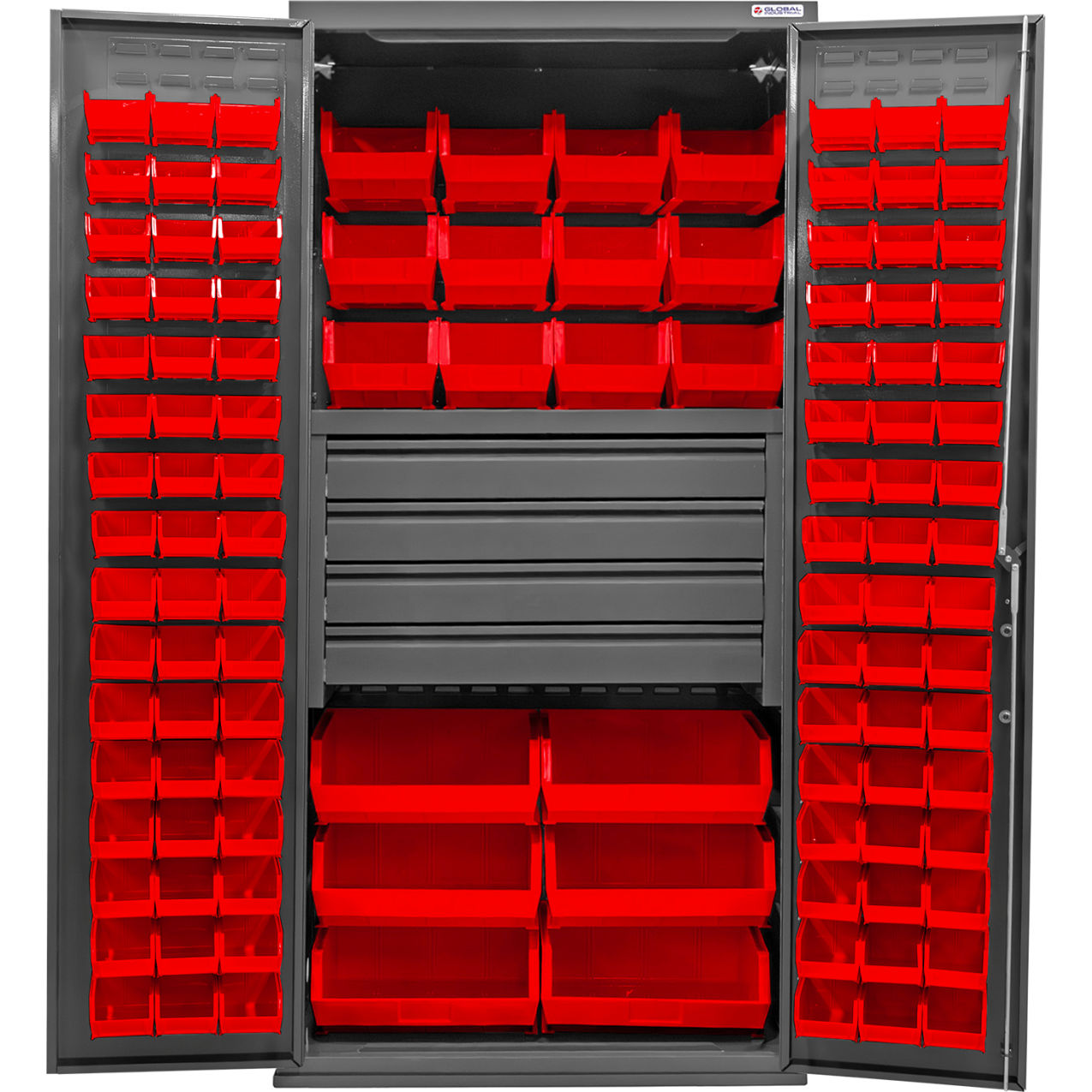 Configurable Drawer Cabinet, 36"W x 24"D x 78"H, 4 Drawers, 114 Red Bins