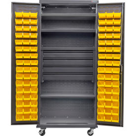 Configurable Mobile Bin Cabinet, 36"x24"x85", 4 Shelves, 4 Drawers, 96 YLW Bins