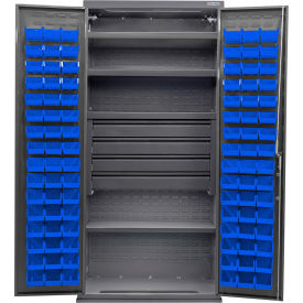 Configurable Drawer Cabinet, 36"Wx24"Dx78"H, 4 Shelves, 4 Drawers, 96 Blue Bins