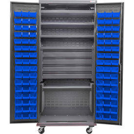 Configurable Mobile Bin Cabinet, 36"x24"x85", 5 Shelves, 4 Drawers, 96 Blue Bins