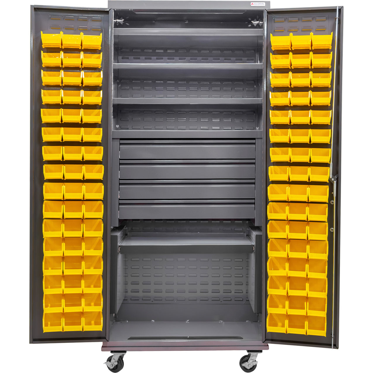 Configurable Mobile Bin Cabinet, 36"x24"x85", 5 Shelves, 4 Drawers, 96 Yellow Bins