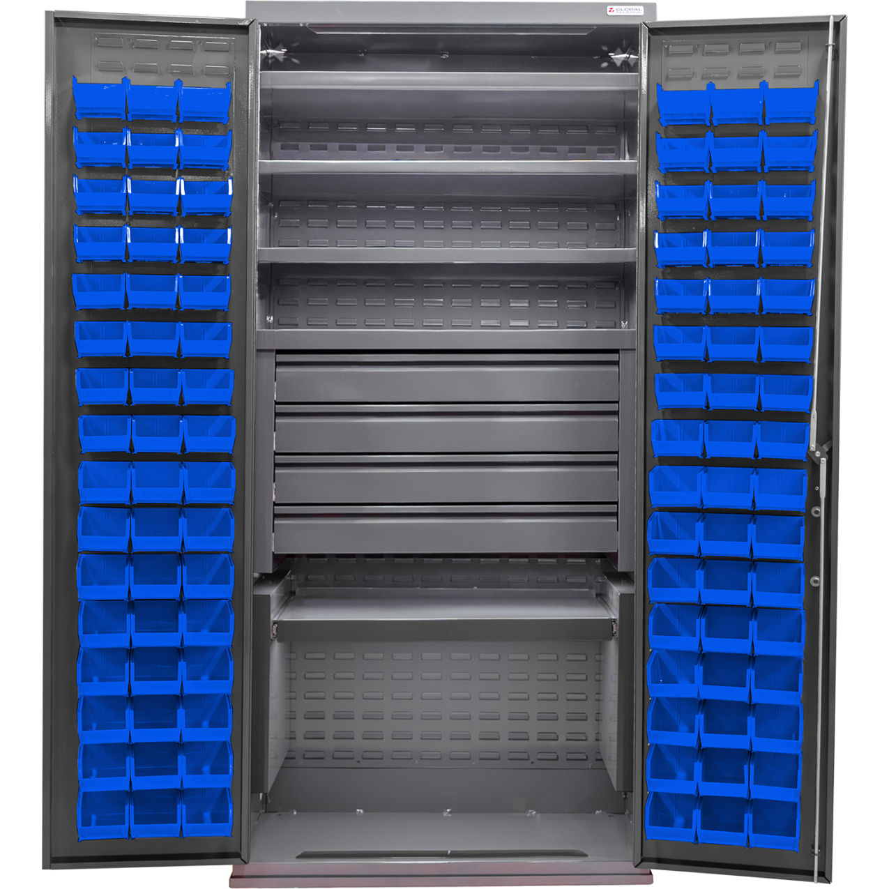 Configurable Drawer Cabinet, 36"Wx24"Dx78"H, 5 Shelves, 4 Drawers, 96 Blue Bins