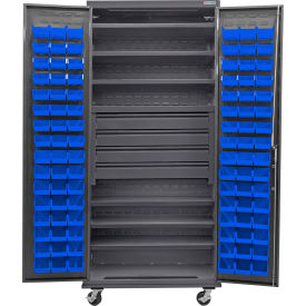 Configurable Mobile Bin Cabinet, 36"x24"x85", 6 Shelves, 4 Drawers, 96 Blue Bins
