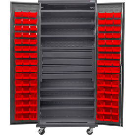 Configurable Mobile Bin Cabinet, 36"x24"x85", 6 Shelves, 4 Drawers, 96 Red Bins