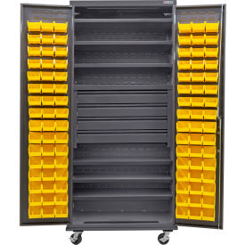 Configurable Mobile Bin Cabinet, 36"x24"x85", 6 Shelves, 4 Drawers, 96 YLW Bins