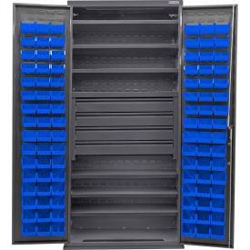 Configurable Drawer Cabinet, 36"Wx24"Dx78"H, 6 Shelves, 4 Drawers, 96 Blue Bins