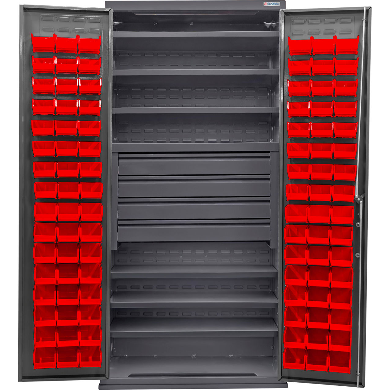 Configurable Drawer Cabinet, 36"Wx24"Dx78"H, 6 Shelves, 4 Drawers, 96 Red Bins
