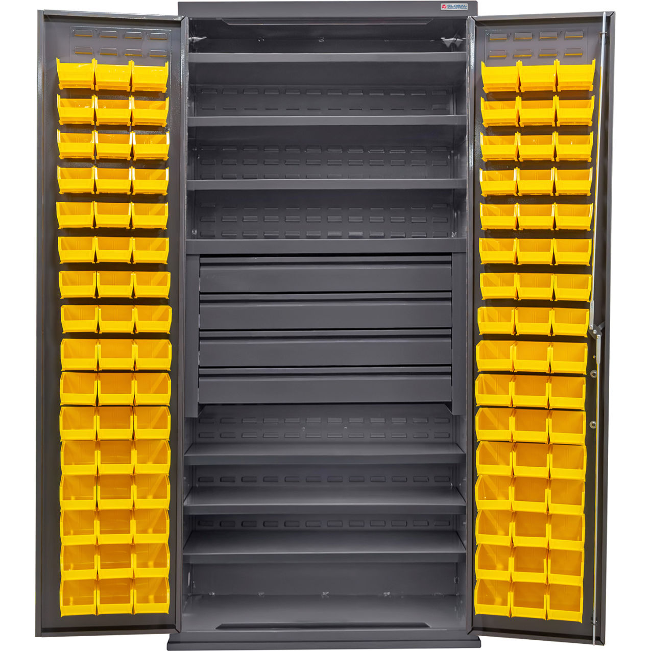 Configurable Drawer Cabinet, 36"Wx24"Dx78"H, 6 Shelves, 4 Drawers, 96 Yellow Bins
