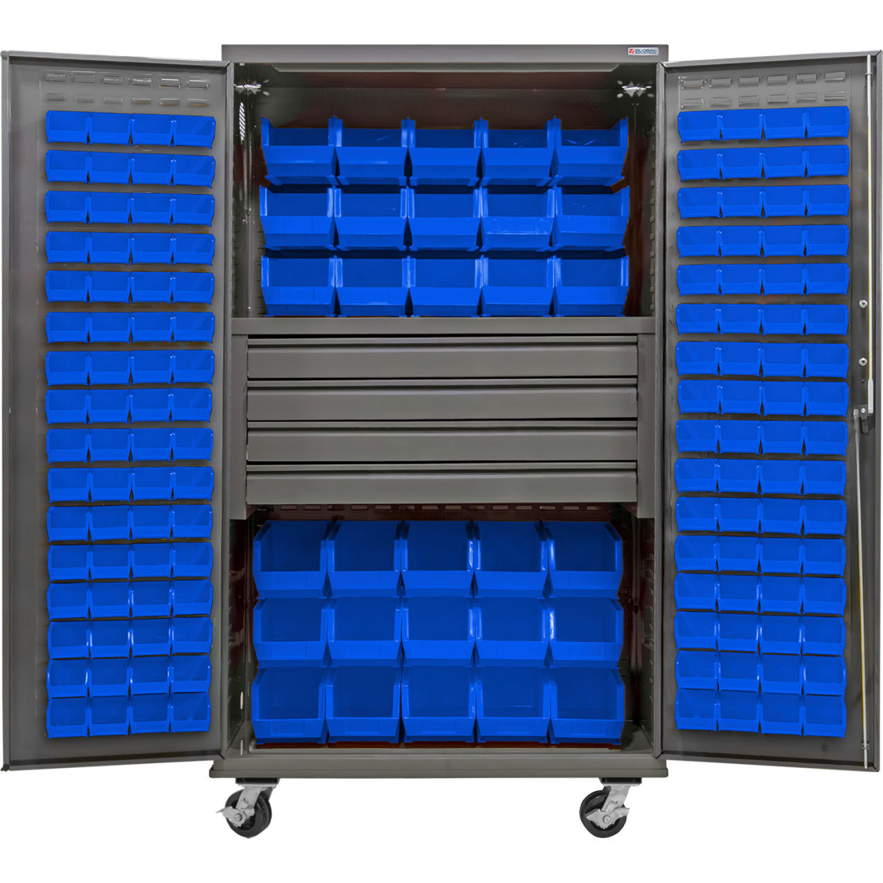 Configurable Mobile Drawer Cabinet, 48"Wx24"Dx85"H, 4 Drawers, 156 Blue Bins