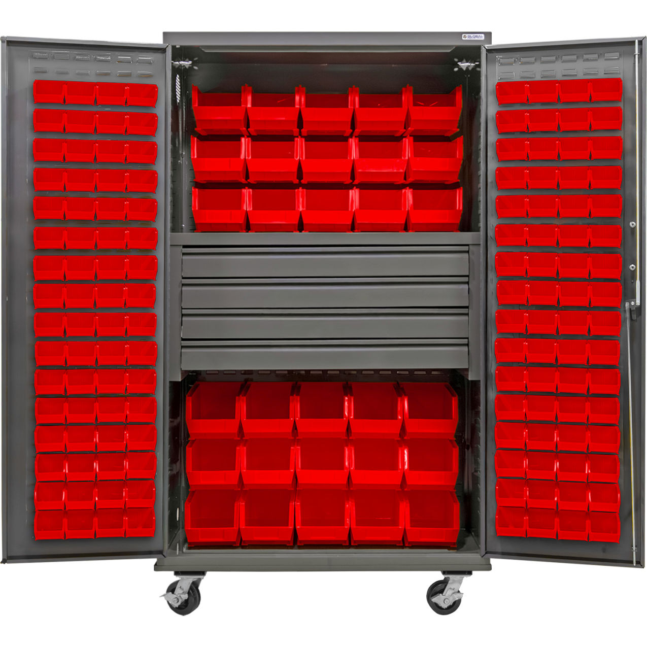 Configurable Mobile Drawer Cabinet, 48"Wx24"Dx85"H, 4 Drawers, 156 Red Bins