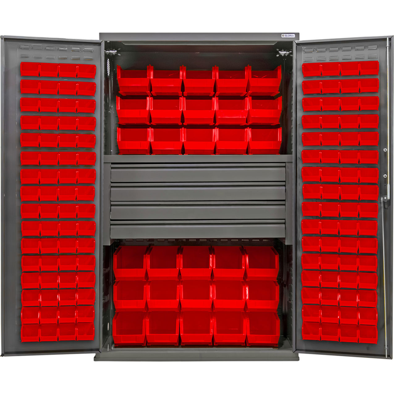 Configurable Drawer Cabinet, 48"W x 24"D x 78"H, 4 Drawers, 156 Red Bins