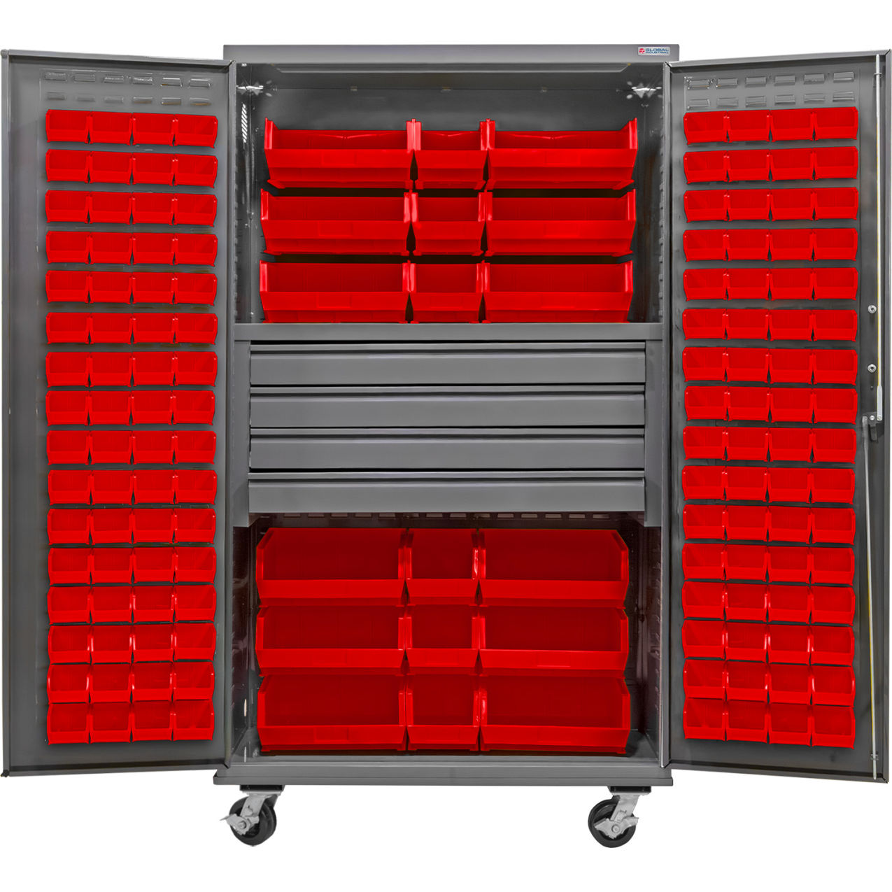 Configurable Mobile Drawer Cabinet, 48"Wx24"Dx85"H, 4 Drawers, 144 Red Bins