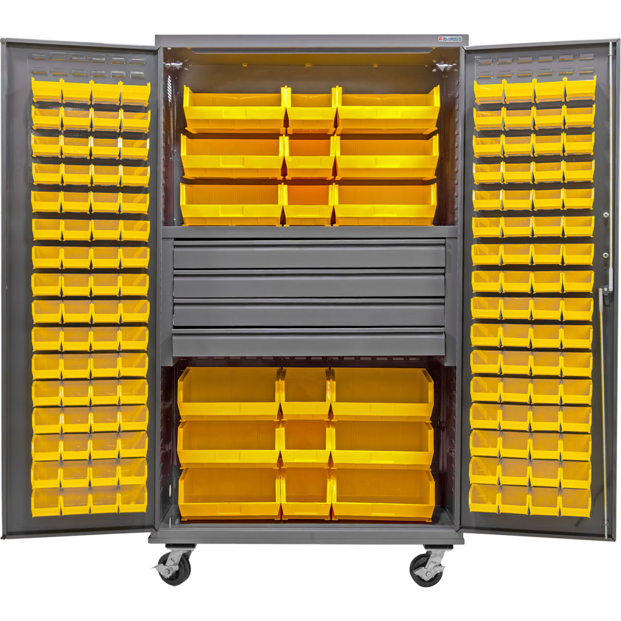 Configurable Mobile Drawer Cabinet, 48"Wx24"Dx85"H, 4 Drawers, 144 Yellow Bins