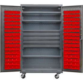 Configurable Mobile Bin Cabinet, 48"x24"x85", 4 Shelves, 4 Drawers, 120 Red Bins