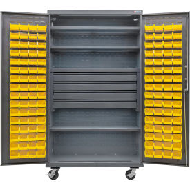 Configurable Mobile Bin Cabinet, 48"x24"x85", 4 Shelves, 4 Drawers, 120 YLW Bins