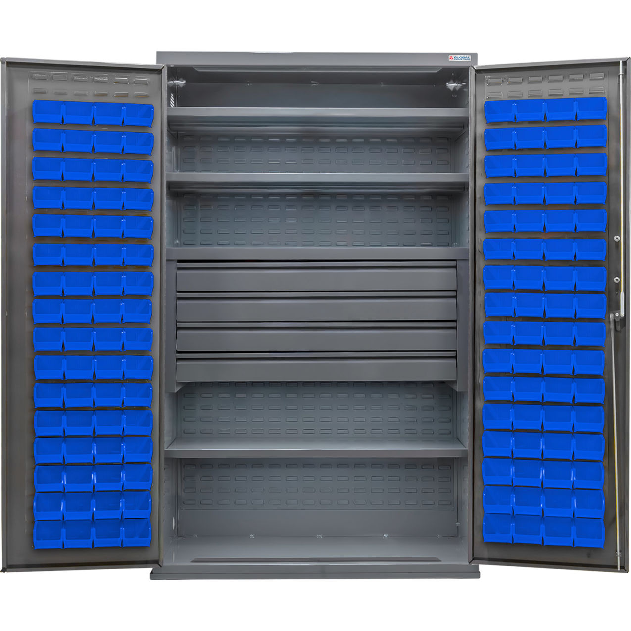 Configurable Drawer Cabinet, 48"Wx24"Dx78"H, 4 Shelves, 4 Drawers, 120 Blue Bins